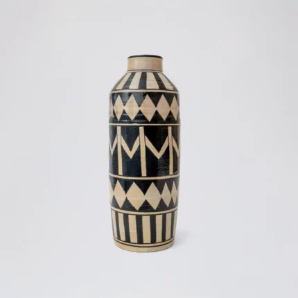 Tall Handcrafted Ceramic Vase  Black & Natural Geometric Pattern