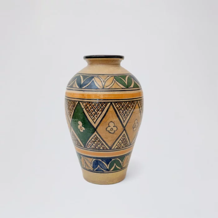 Handcrafted Ceramic Vase –  Diamond & Floral Motif in Earthy Hues – Image 1